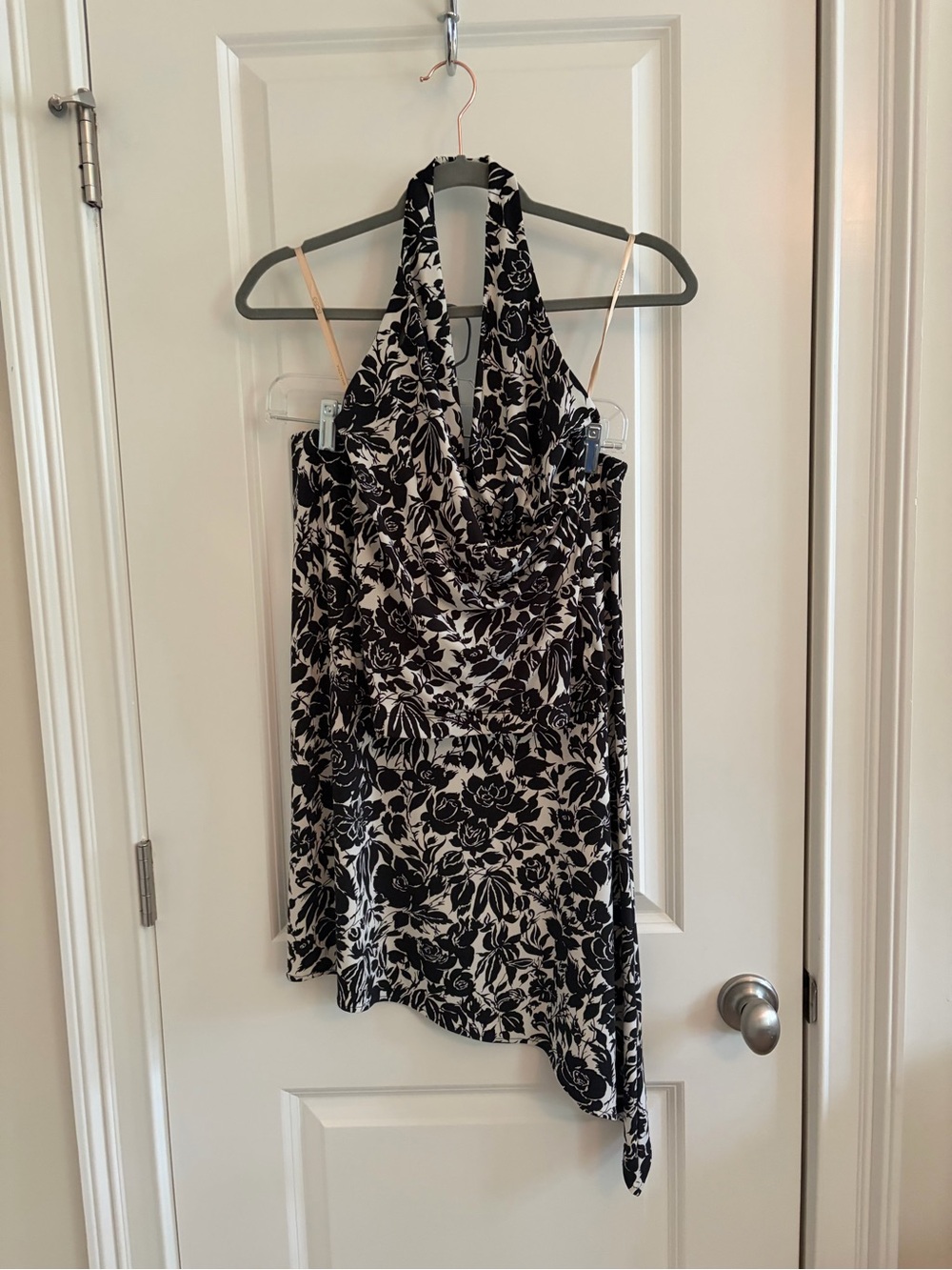 BCBGMaxAzria Black and White Floral Halter Cowl Neck Top